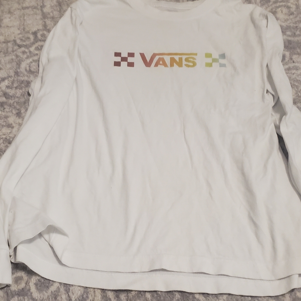 Junior Vans White Long Sleeve Tee with Multicolor Logo Size Large